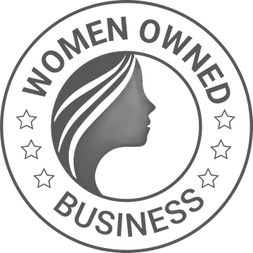 Circular badge reading “Women Owned Business” with stars around a female profile silhouette in gray and black
