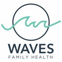 Logo: Teal wave graphic within a dark blue circle, with 