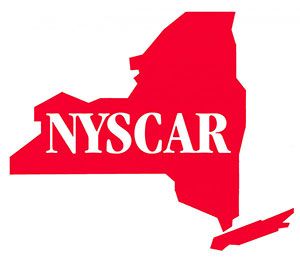 Red New York State outline with white “NYSCAR” text logo