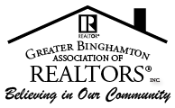 Black logo for the Greater Binghamton Association of REALTORS with house roof and “Believing in Our Community” text