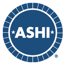 ASHI logo: white letters in a blue circular seal with star accents and outer ring
