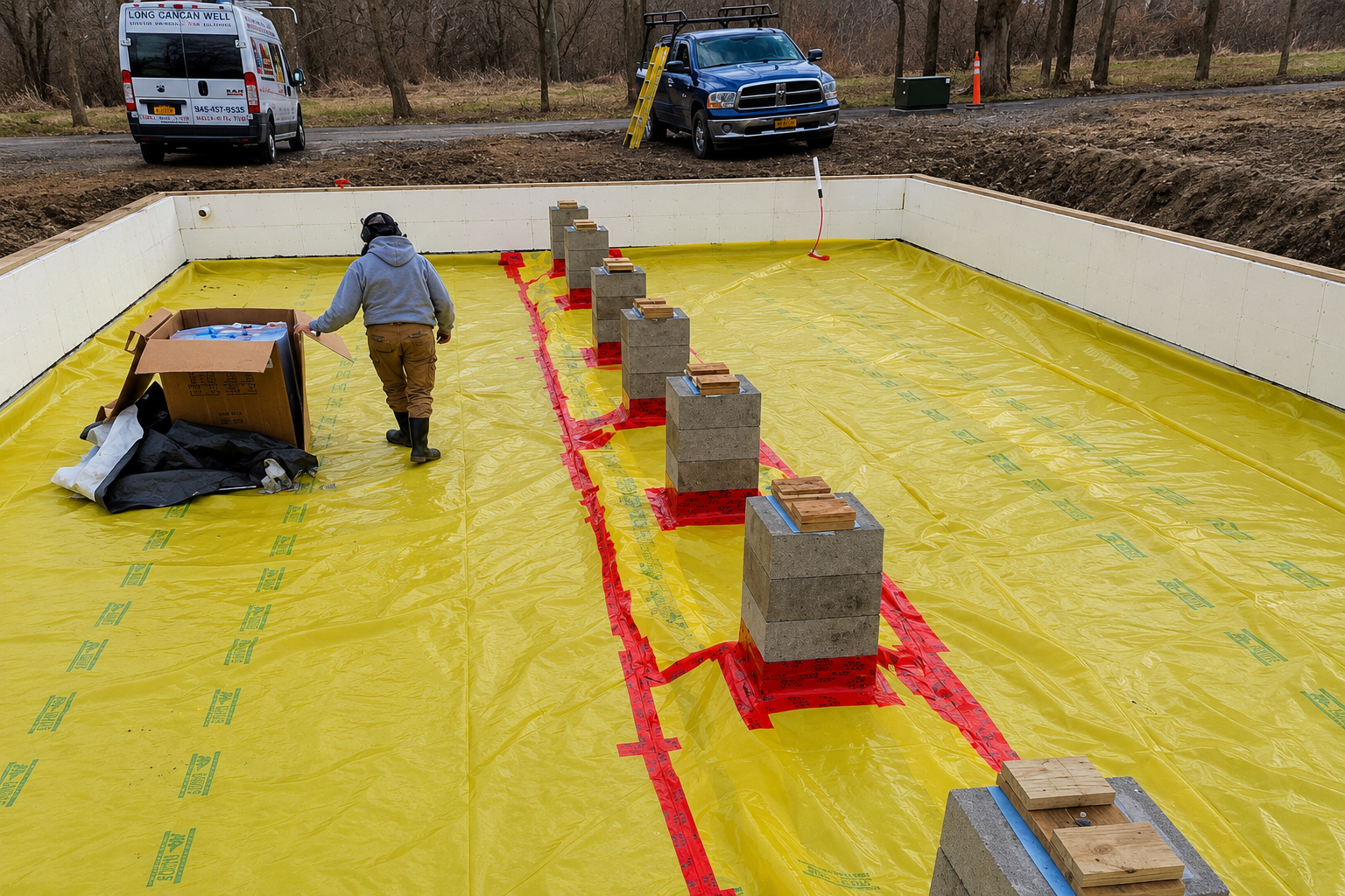 Worker inspecting foundation waterproofing on yellow liner with red seams and concrete blocks under construction