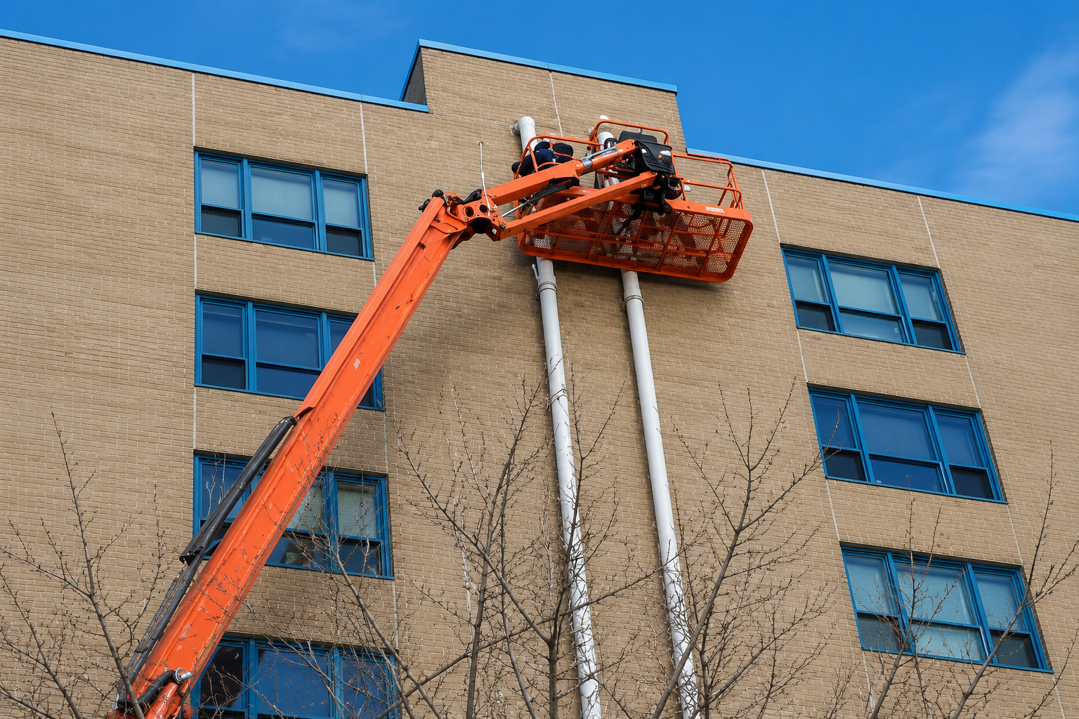 Orange cherry picker reaching a beige apartment building's upper windows beneath a blue sky