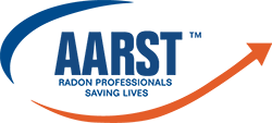 AARST logo with blue text and an orange upward swoosh arrow over “Radon Professionals Saving Lives”