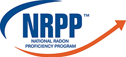 NRPP logo with blue text and orange swoosh, National Radon Proficiency Program
