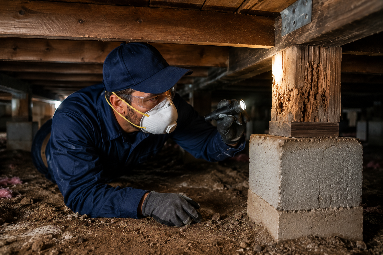 Worker in a mask inspecting a crawlspace under a house beside a concrete block pier