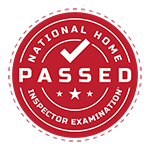 Red circular National Home Inspector Examination stamp with “PASSED” in white text and stars