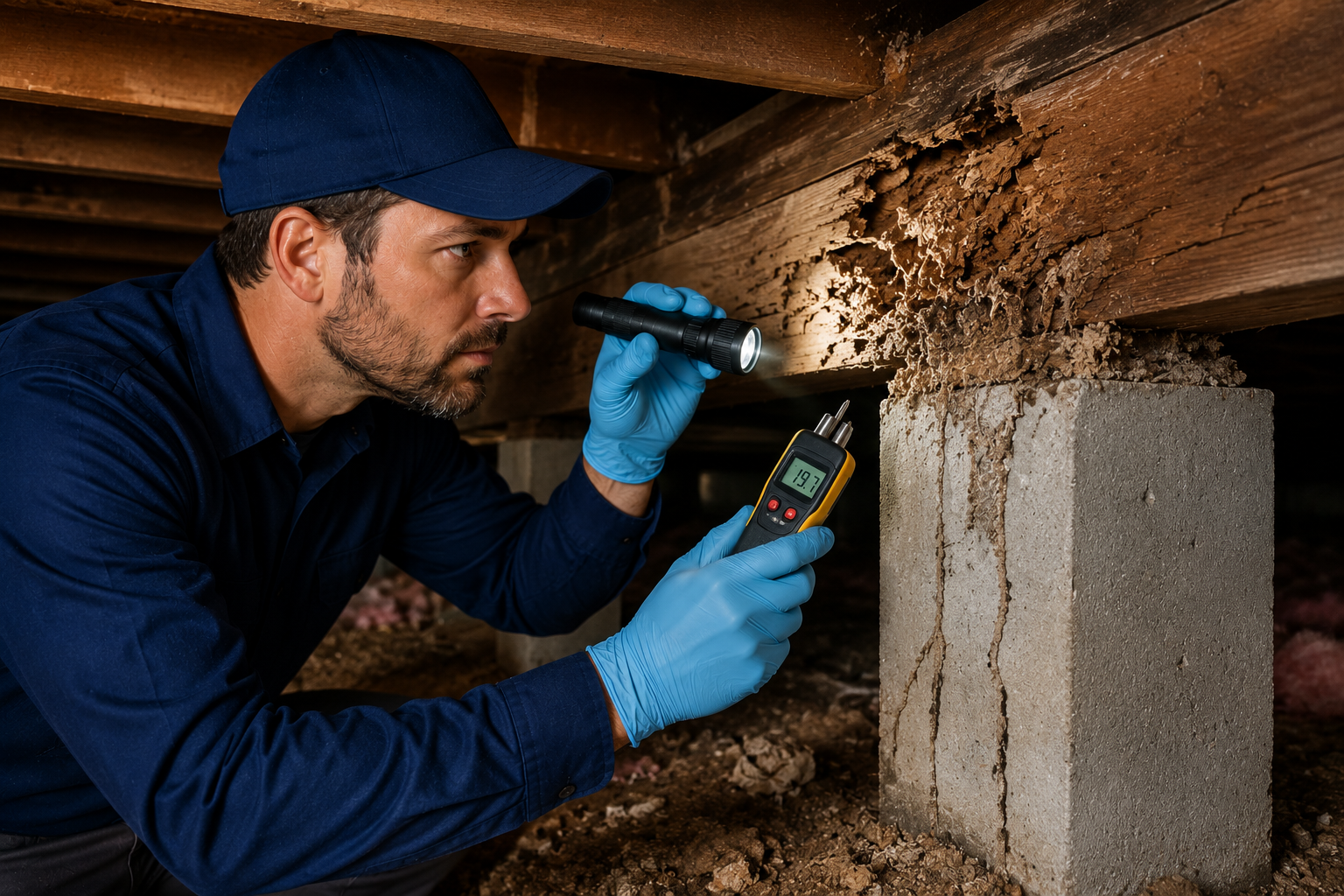 Technician in blue uniform using a thermal camera to inspect damp, damaged wood under a house