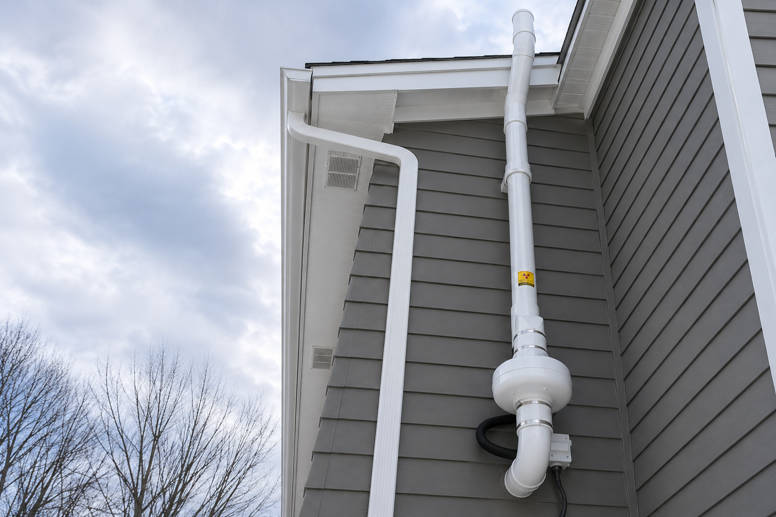 Vertical white vent pipe on the exterior wall of a house near the roofline.