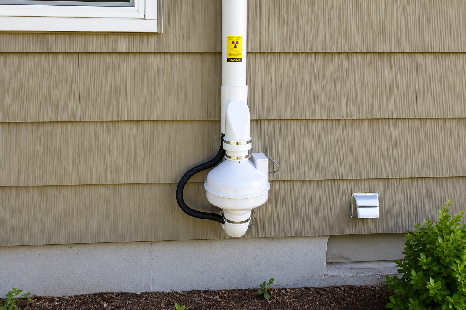 White vent pipe with a yellow label and black hose mounted on tan house siding above the ground