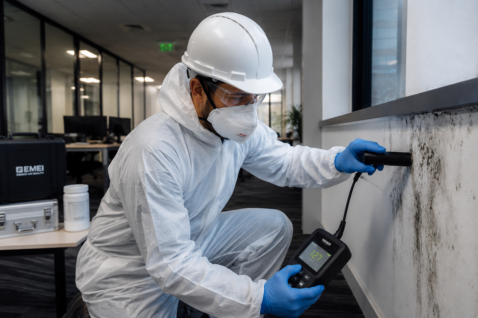 Technician in white protective suit and mask tests a wall surface with a handheld meter indoors