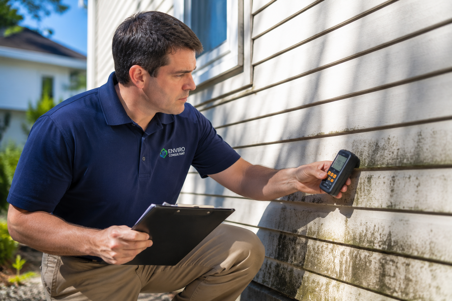 Person inspecting crawlspace vent under house siding in a yard with mulch and plants