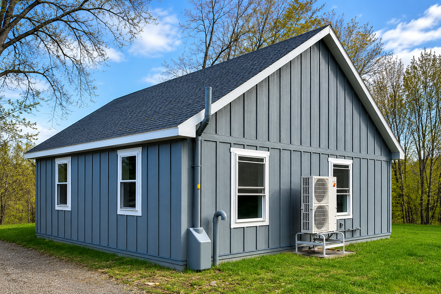Gray house with white trim and a small porch beside a gravel driveway, with an air conditioner unit on the wall