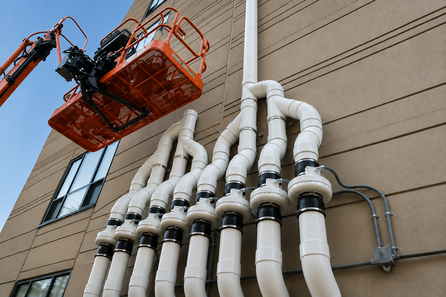 Worker in a red cherry picker inspecting white pipes on a building exterior.