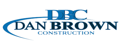Dan Brown Construction logo in blue text with an oval swoosh on a white background