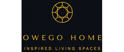 Owego Home logo on a dark background with gold circular emblem and “Inspired Living Spaces” text