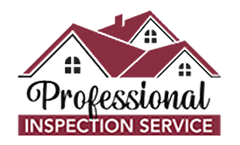 Logo for Professional Inspection Service with stylized maroon house rooftops and text.