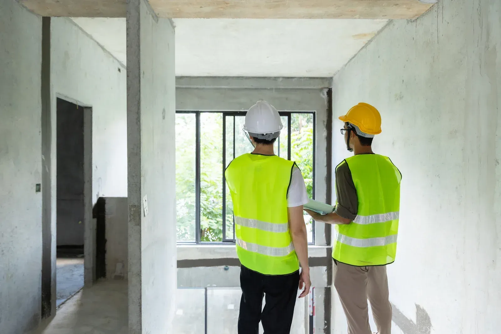 Two construction workers in hard hats and safety vests discussing a room under renovation
