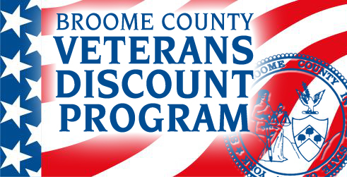 Broome County Veterans Discount Program graphic with stars, red-white stripes, and county seal