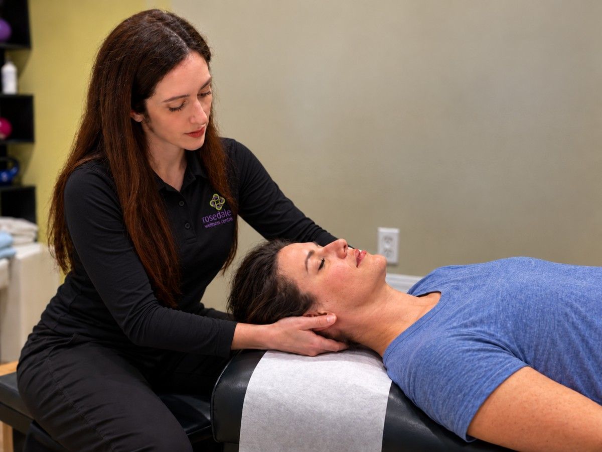 Illustrative image of Danitza providing neck and shoulder care, created from reference photographs.