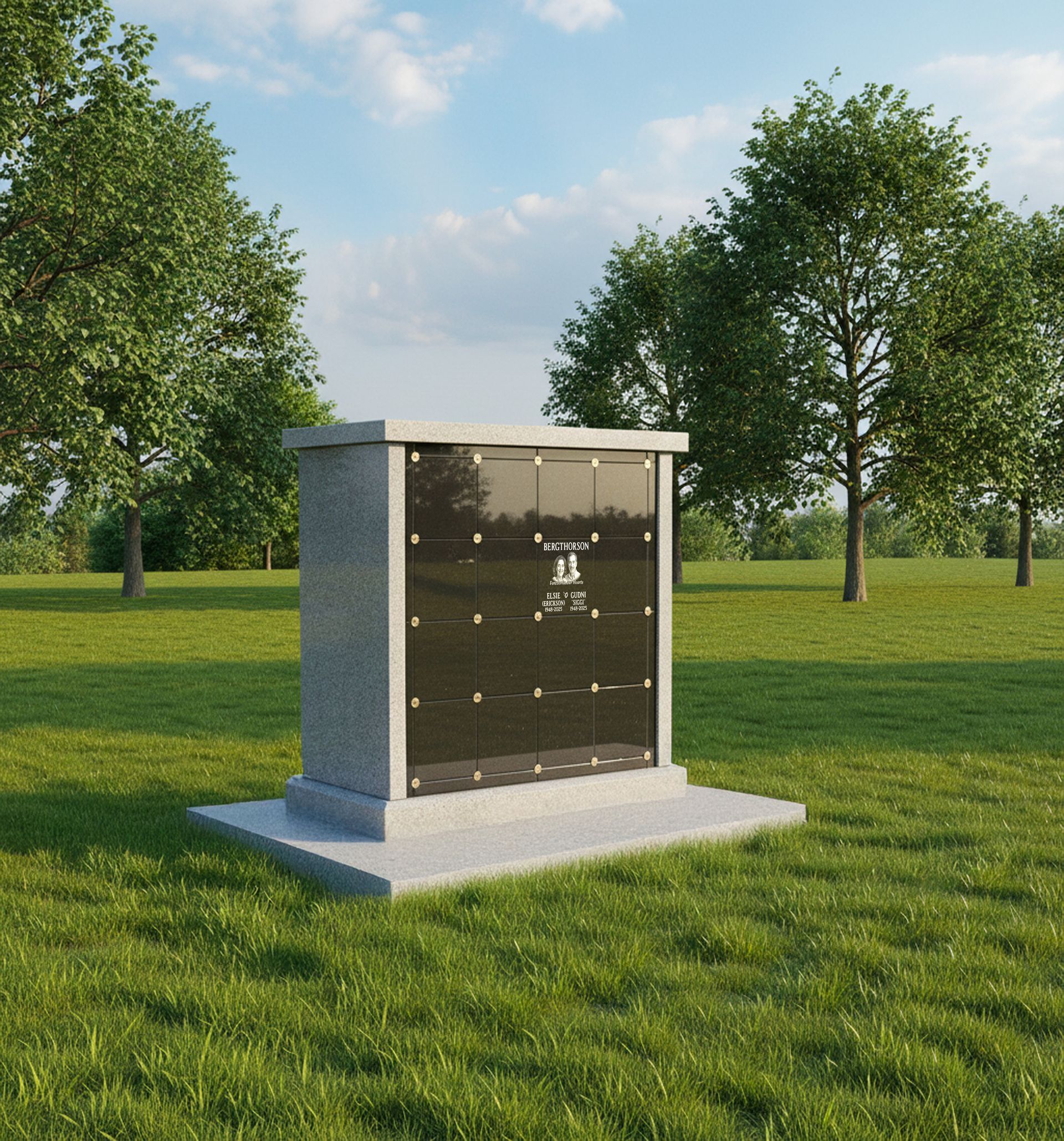 Polished dark granite upright monument with custom engraving