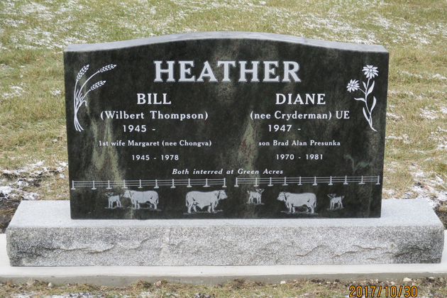 Black granite cemetery headstone engraved “HEATHER” with names, dates, and small horse images.
