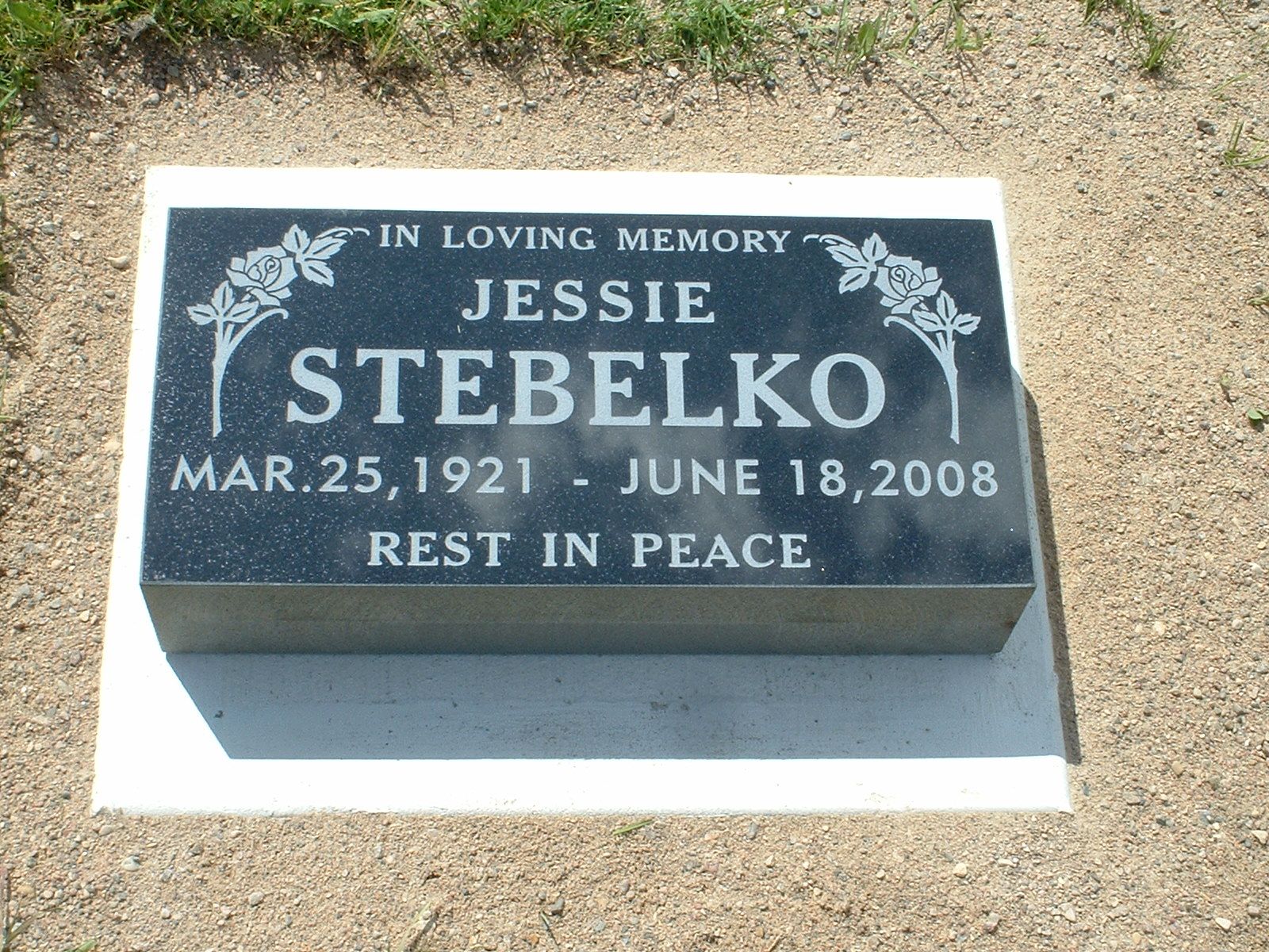 Gravestone for Jessie Stebelko with “In Loving Memory” and dates Mar. 25, 1921–June 18, 2008