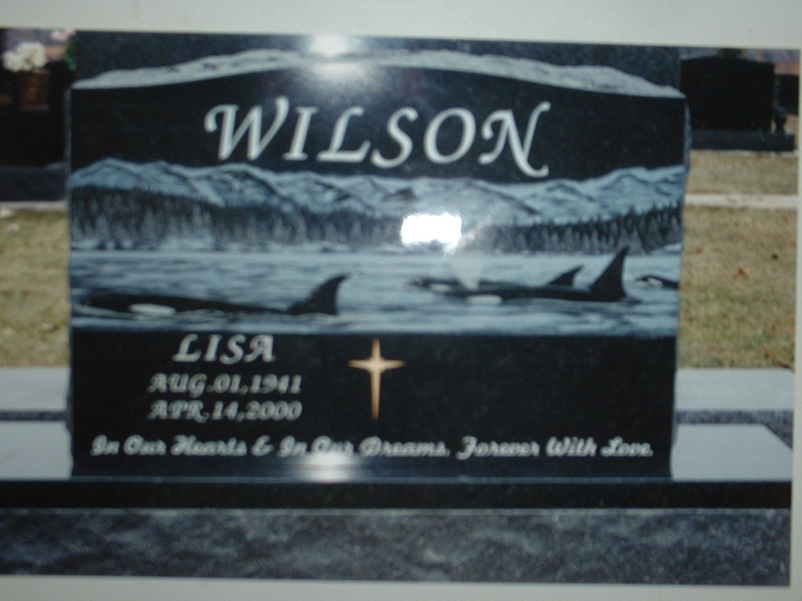Gravestone with the name WILSON, a dove scene, and a gold cross on a black monument.