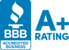 BBB Accredited Business and A+ rating logo in blue and white