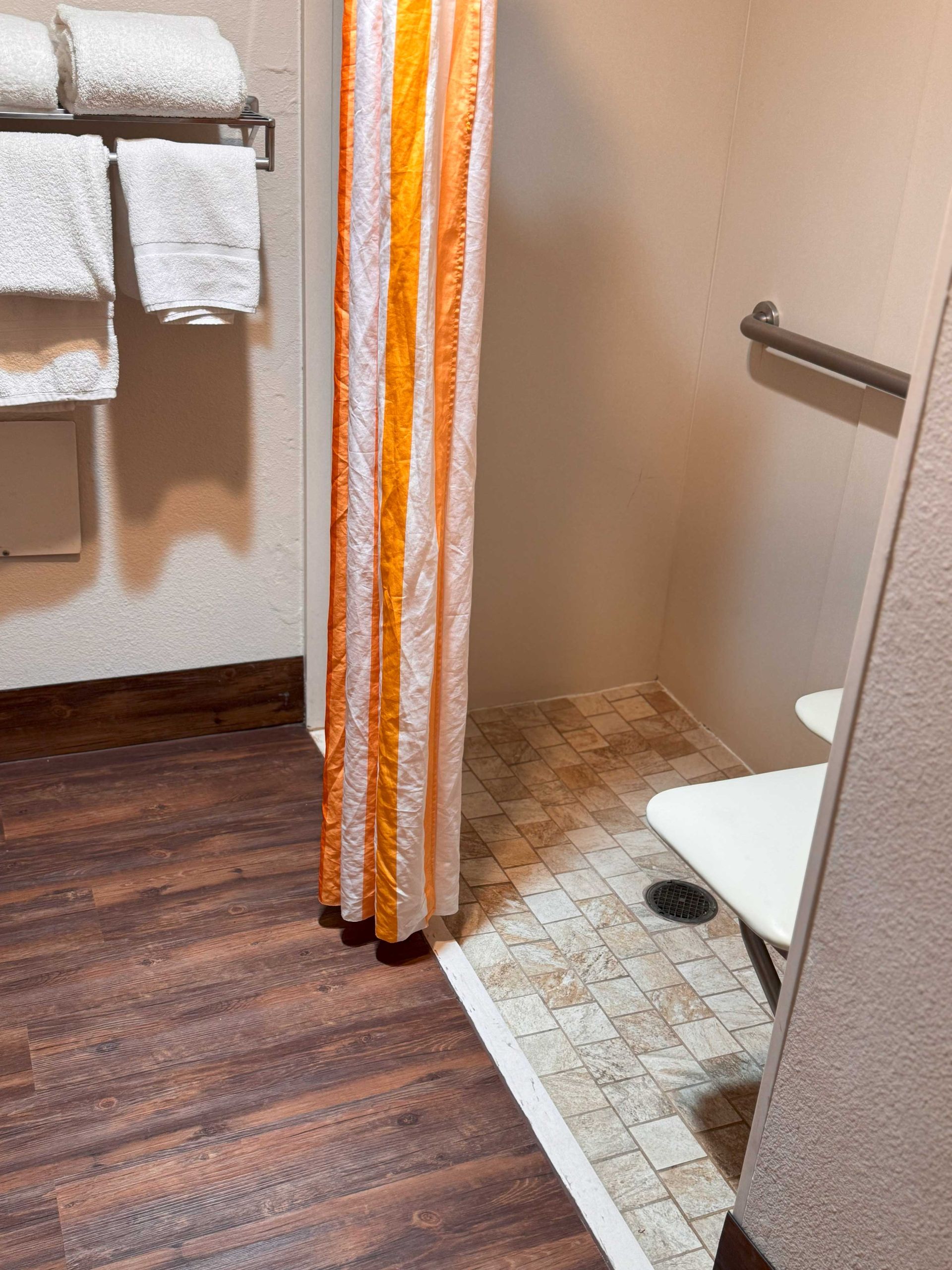 A bathroom with a shower curtain and a toilet