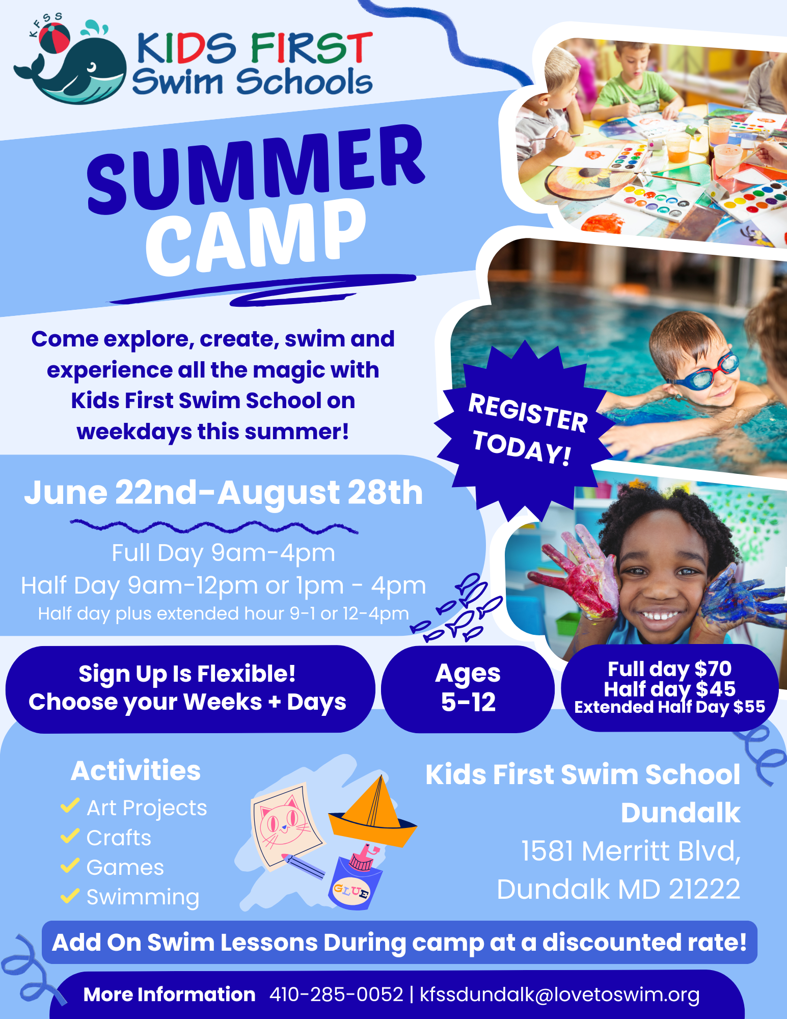 A flyer for a summer camp for kids first swim schools 