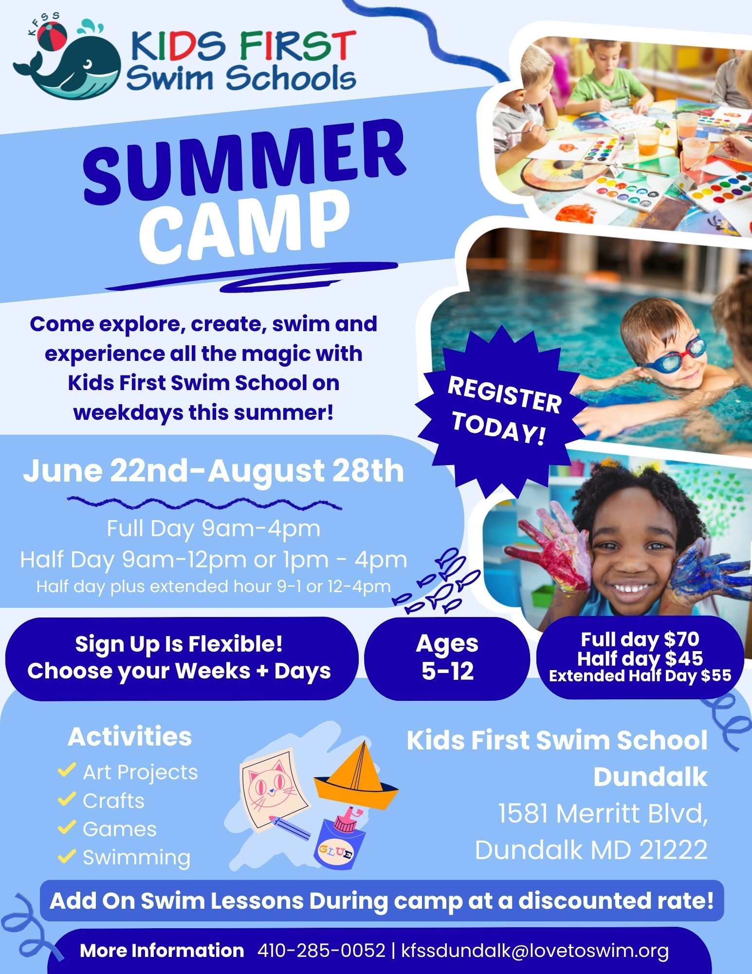 A flyer for a summer camp for kids first swim schools 
