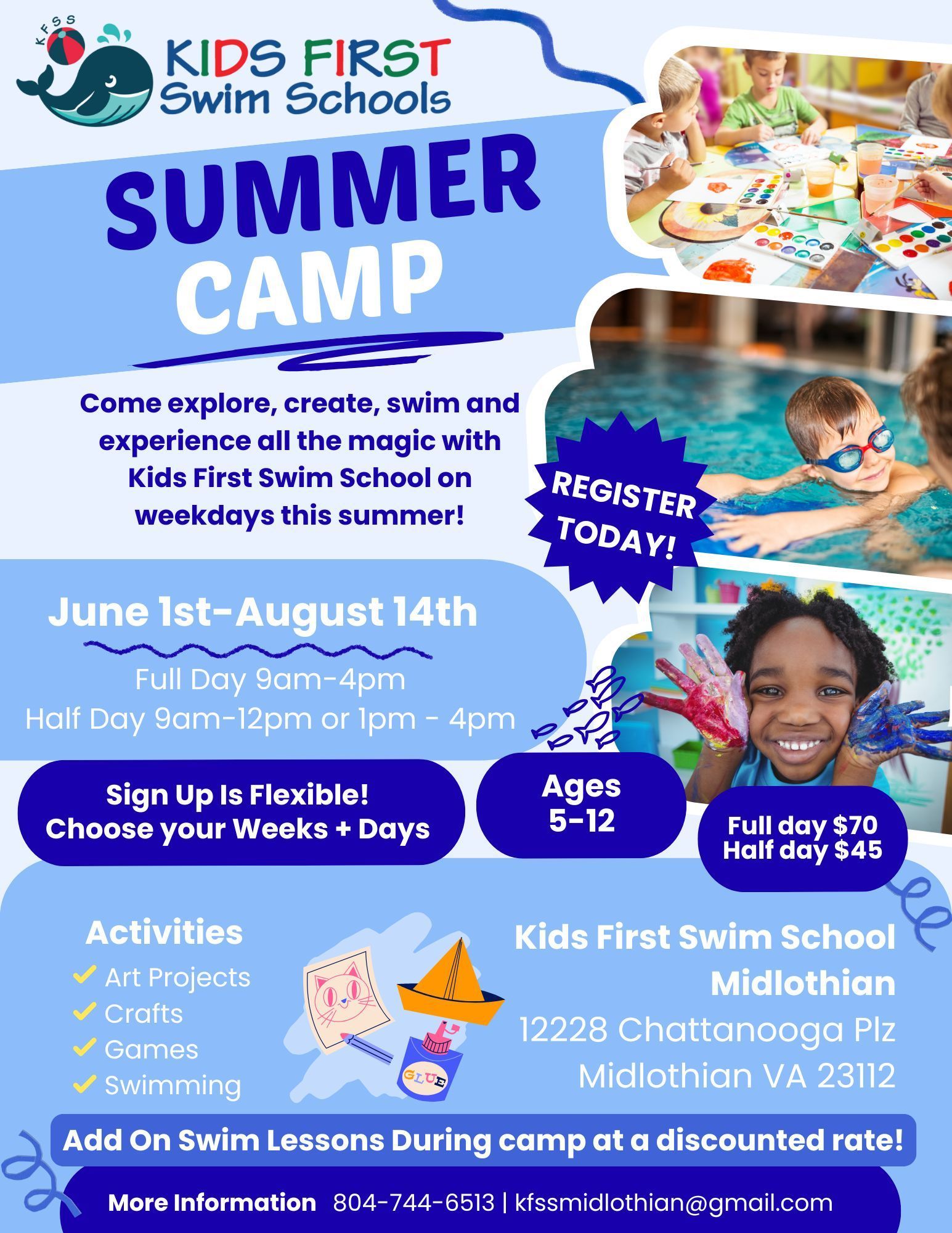 A flyer for a summer camp for kids first swim school midlothian