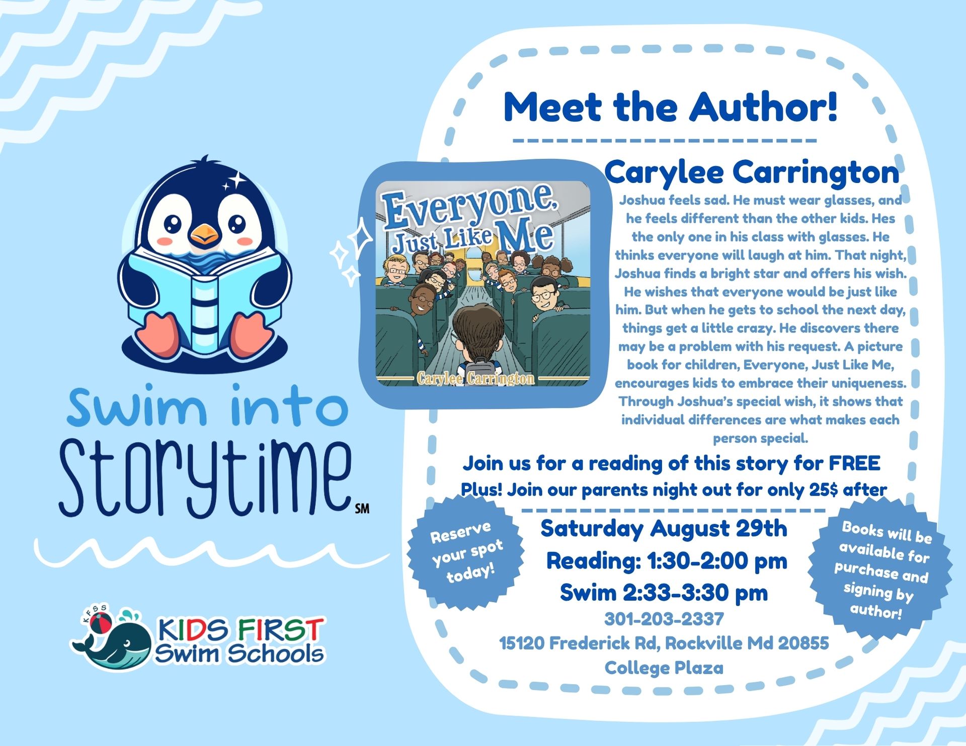 An advertisement for kids first swim schools with a penguin reading a book