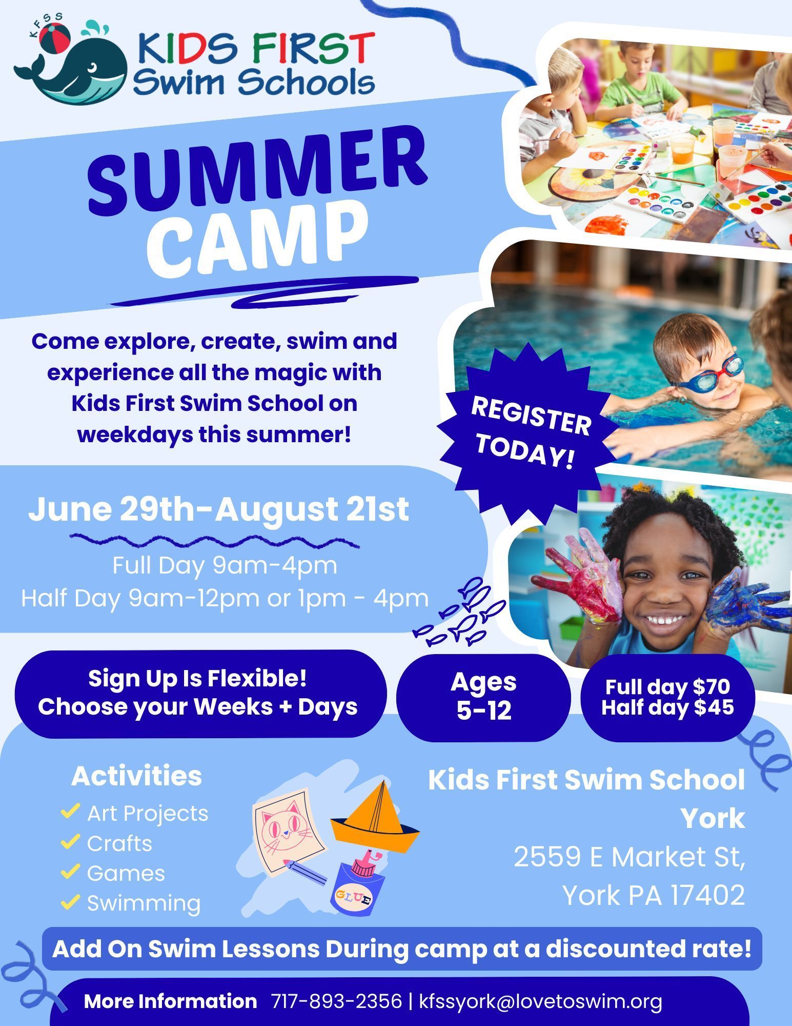 A flyer for a summer camp for kids first swim schools