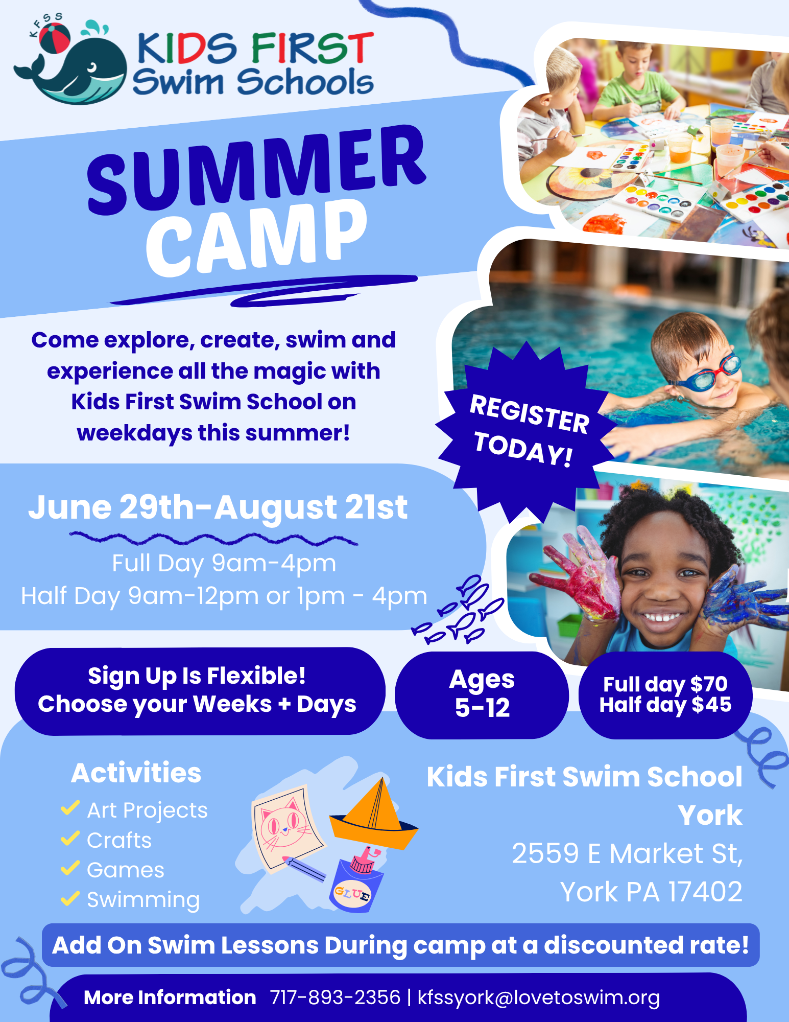A flyer for a summer camp for kids first swim schools