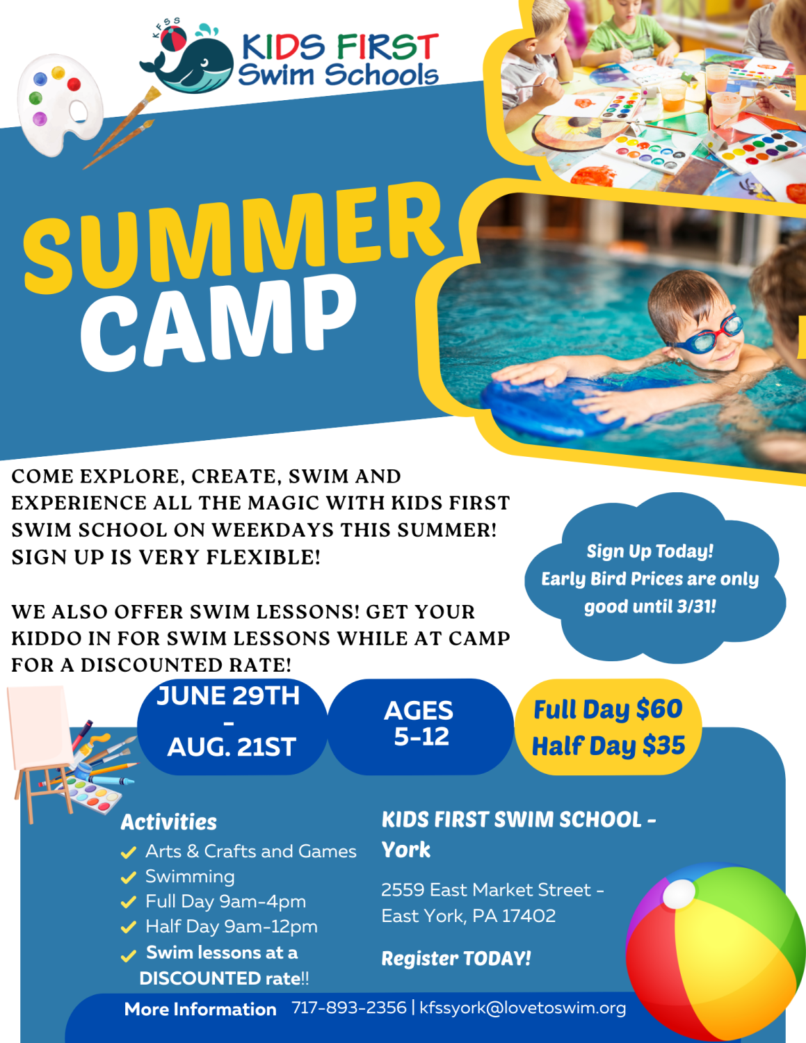 A flyer for a summer camp for kids first swim schools