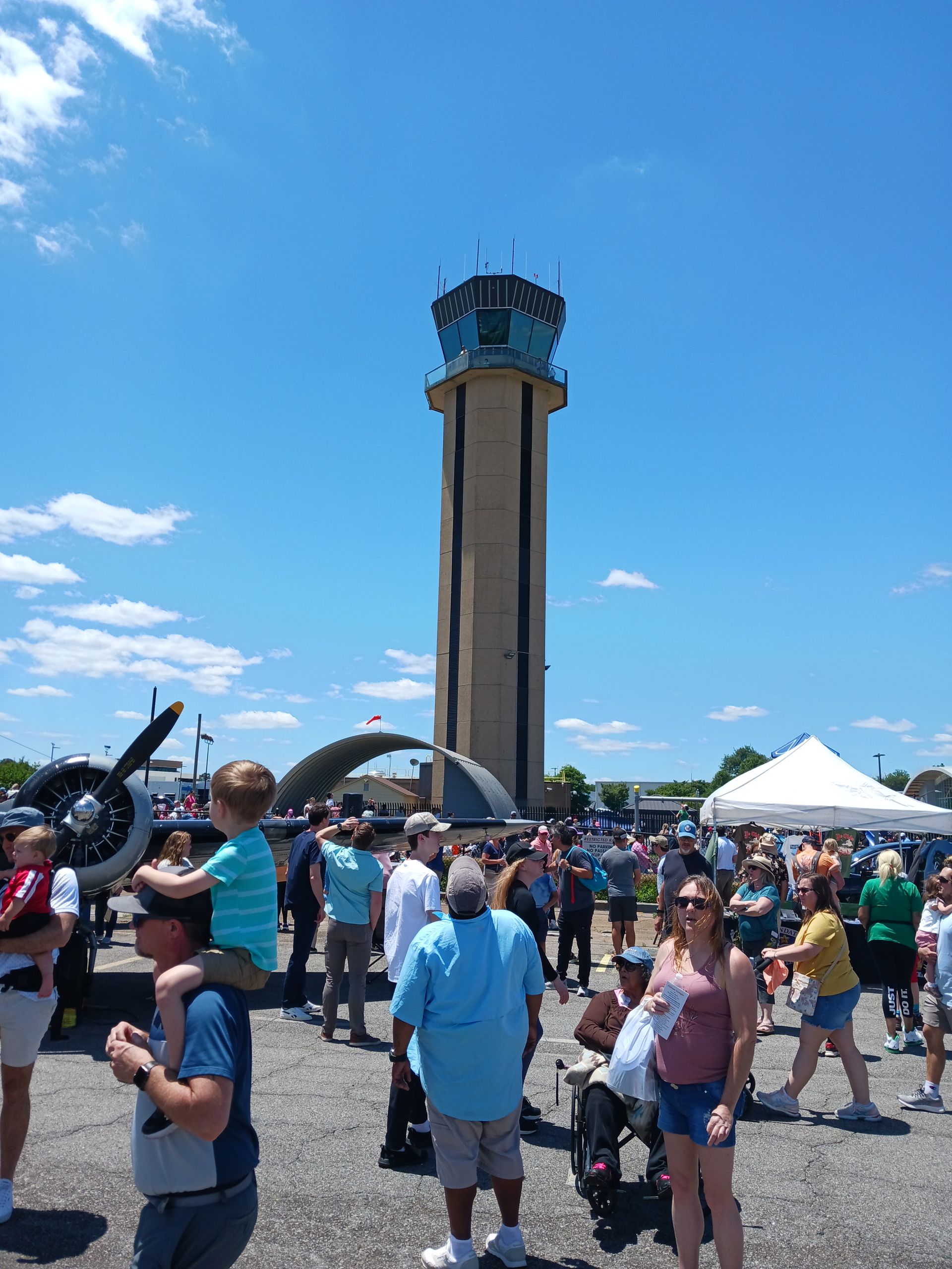 Crowd gathered at a tall observation tower on a sunny day under a blue sky.