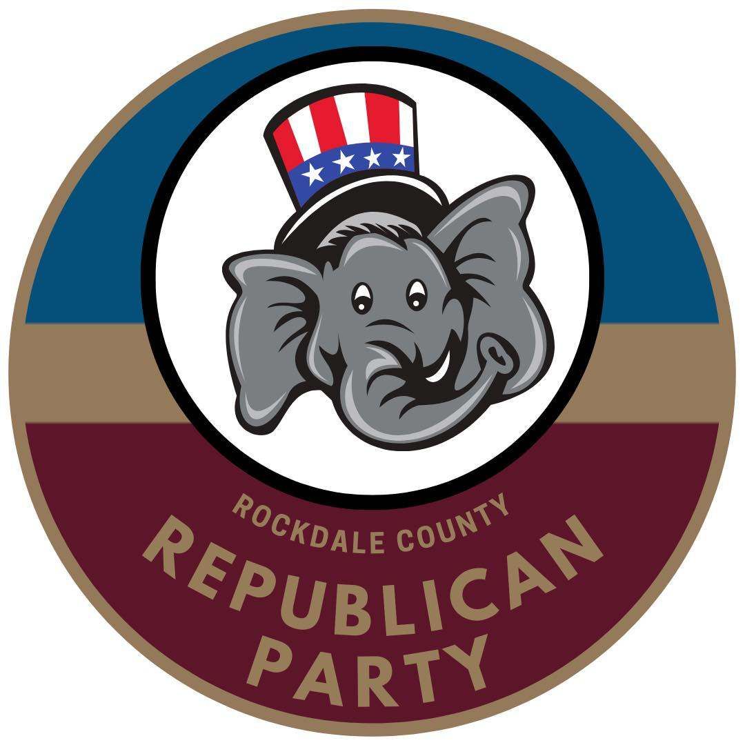 Rockdale County Republican Party logo with elephant wearing a stars-and-stripes hat