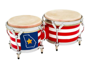 Red and white striped bongo drums with a blue Tennessee-shaped emblem on one drumhead.