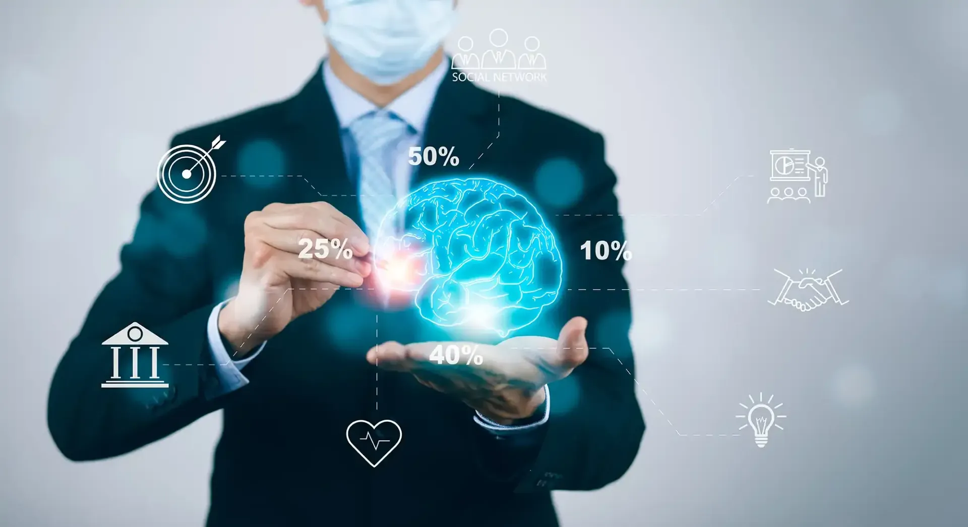 Masked professional holding glowing digital brain with data icons overlayed