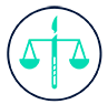 Teal legal scales icon inside a navy circle on a white background
