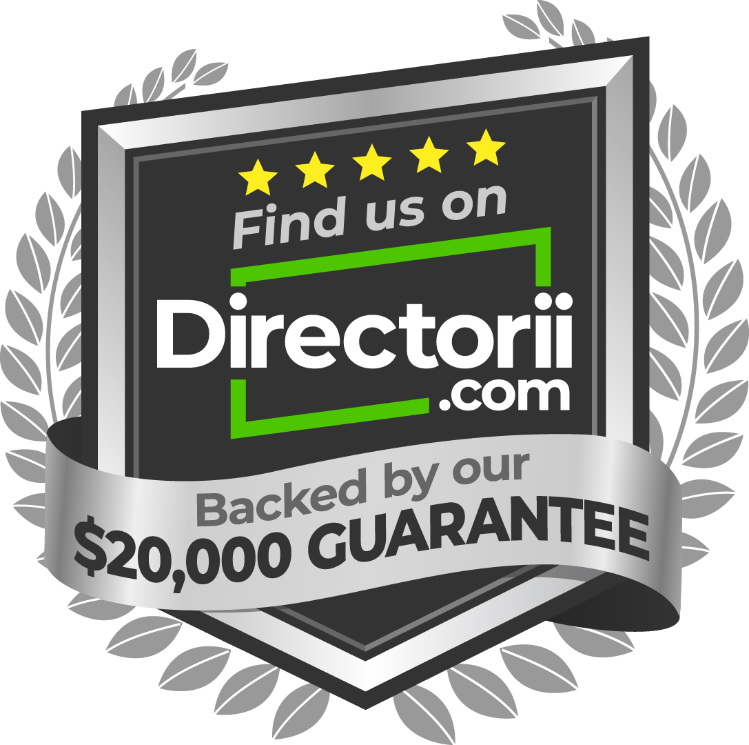 A badge that says `` find us on directorii.com backed by our $ 20,000 guarantee ''