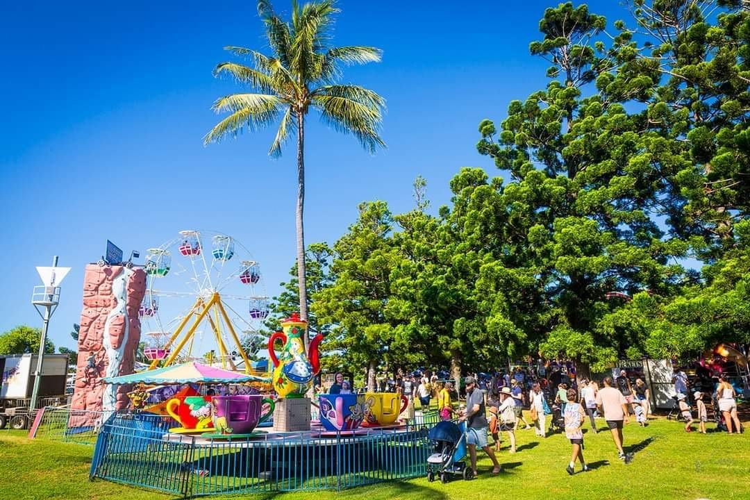 Carnival scene with a Ferris wheel, spinning teacups, palm tree, people, and blue sky. — Fun Time Amusements in Gracemere, QLD