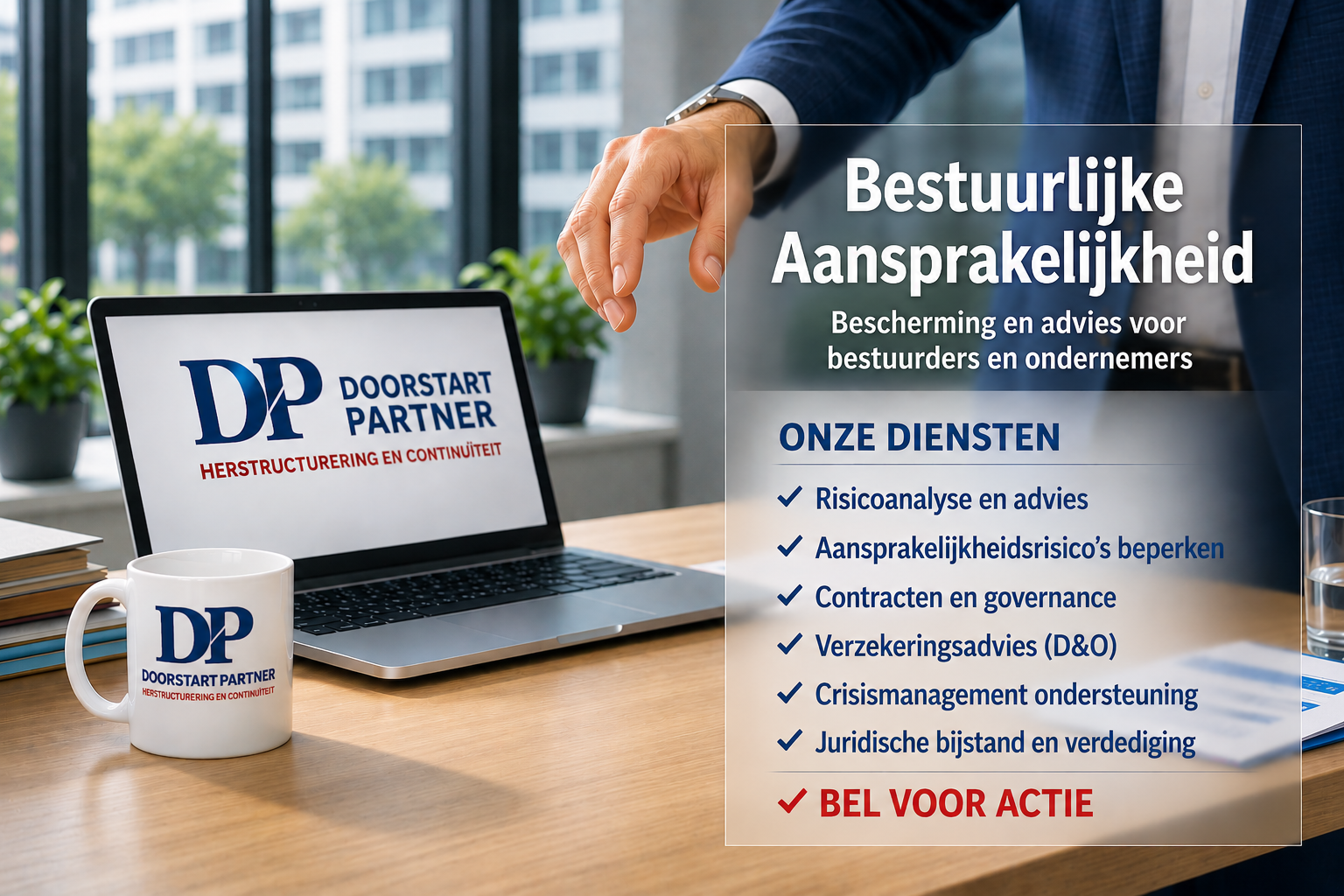 Laptop en mok met DP-logo naast een advertentie en dienstenlijst van een Nederlands advocatenkantoor op een bureau.