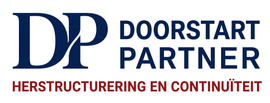 Doorstart Partner logo with blue DP, black text, and red subtitle &ldquo;Herstructurering en Continu&iuml;teit&rdquo;