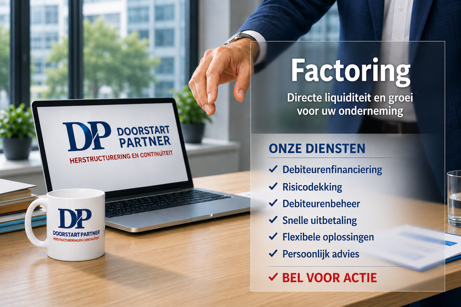Doostrijk Partner factoring advertentie met laptop, mok en Nederlandse dienstenlijst op een bureau.