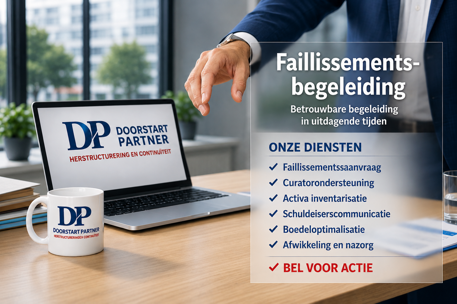 Zakelijk bureau met laptop en mok, advertentie voor faillissementsbegeleiding door DP Doorstart Partner.