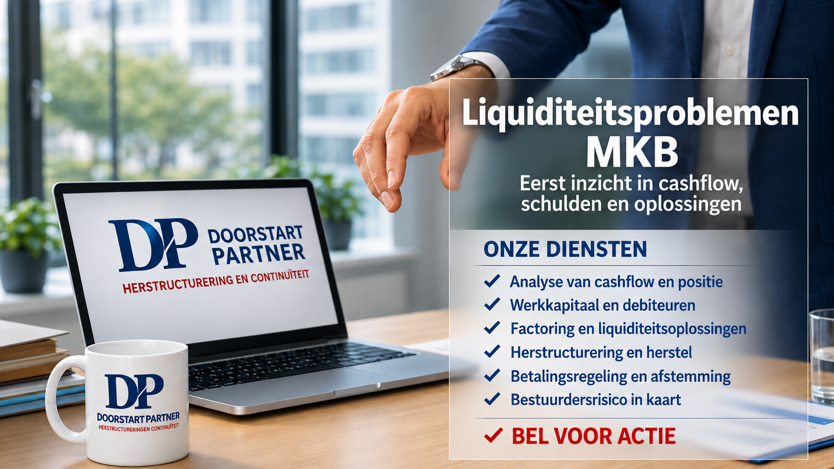 DP Coaching Partner laptop en mok op bureau met Nederlandse tekstadvertentie voor MKB-liquiditeitsproblemen en -diensten
