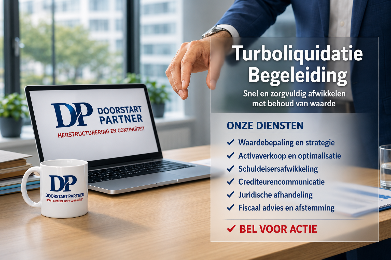 DP Boekhout Partner laptop advertentie met “Turboliquidatie Begeleiding” en lijst van diensten